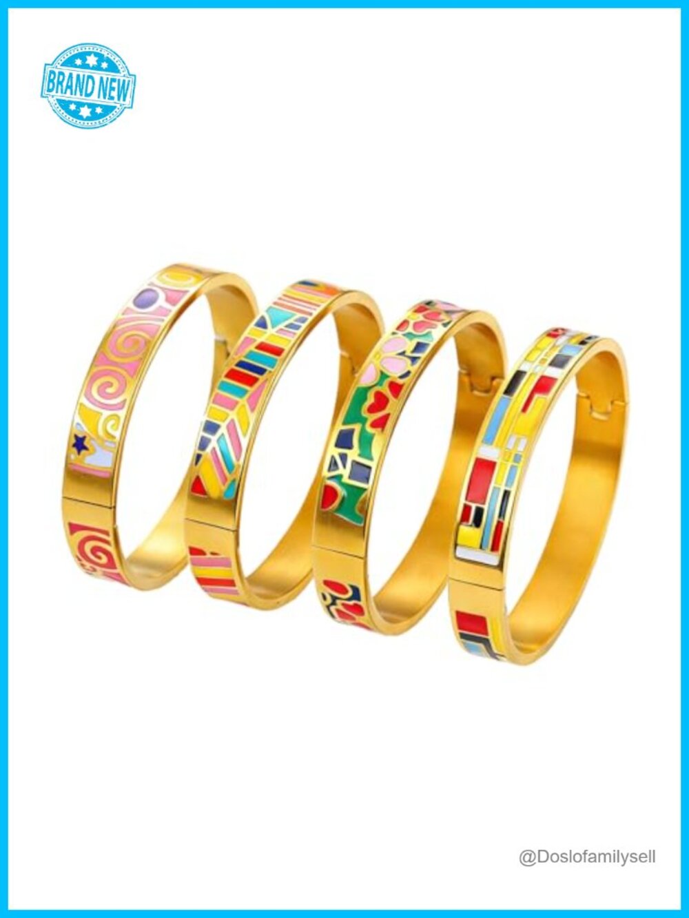 4pcs 18k Gold Plated Stainless Steel Floral Enamel Bangle Bracelets Stackable